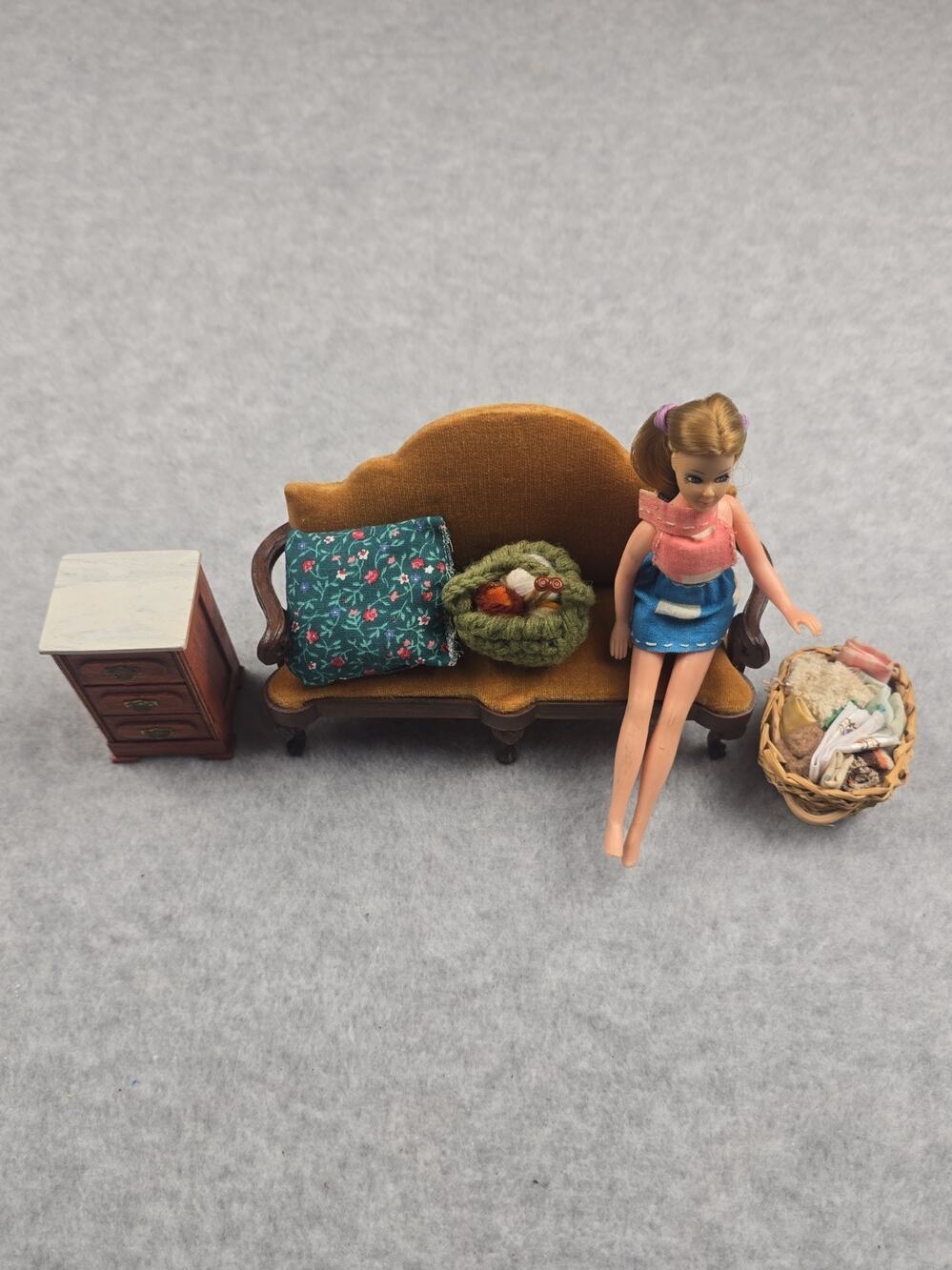 Vintage 1:12 Dollhouse Living Room Set - Sonia Messer Sofa, Miniature Doll & Acc